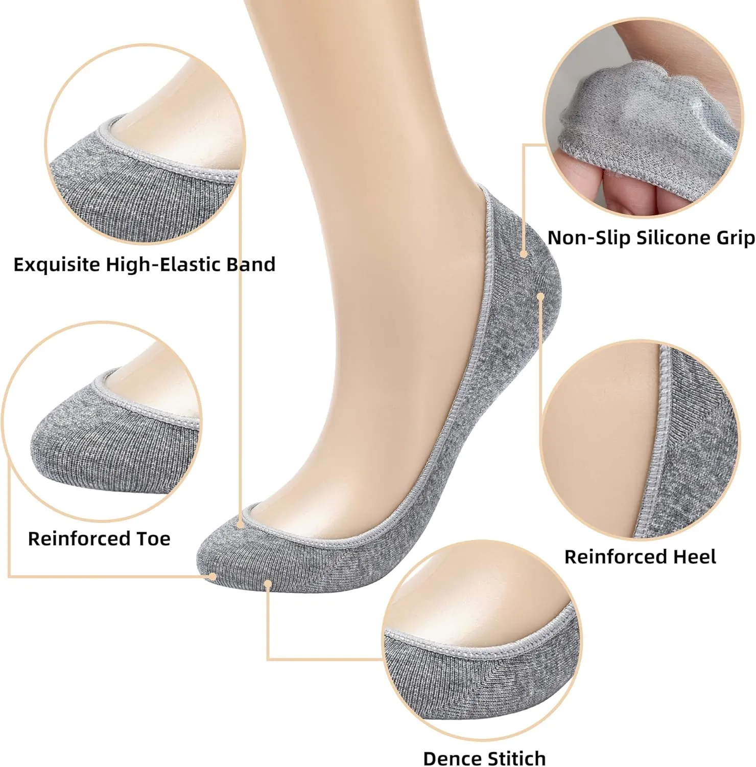 8 Pairs Women's No Show Socks - Ultra Low Cut, Non-Slip Silicone Grip, Invisible Liner for Flats and Boat Shoes, US Sizes 9-11, Gray