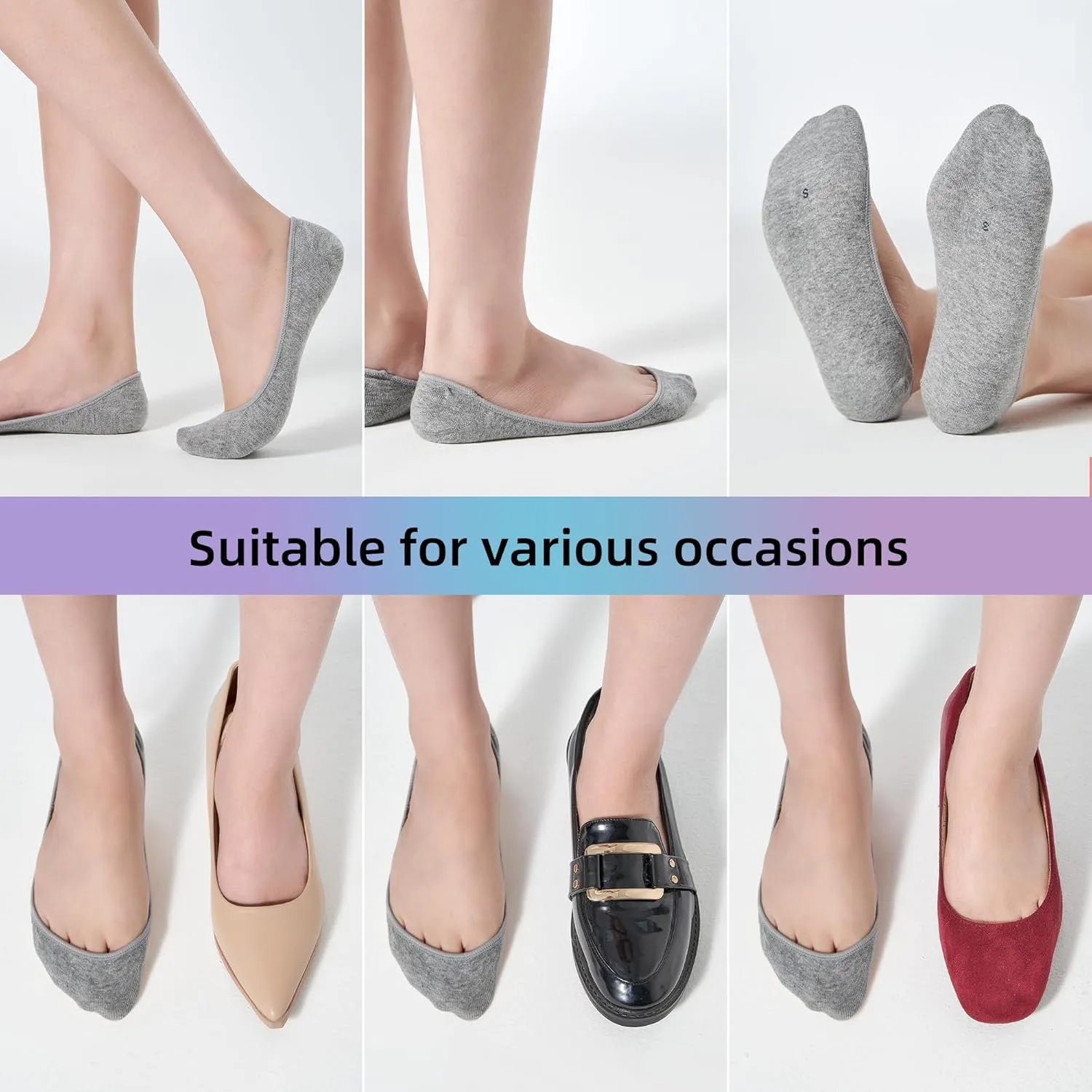 8 Pairs Women's No Show Socks - Ultra Low Cut, Non-Slip Silicone Grip, Invisible Liner for Flats and Boat Shoes, US Sizes 9-11, Gray