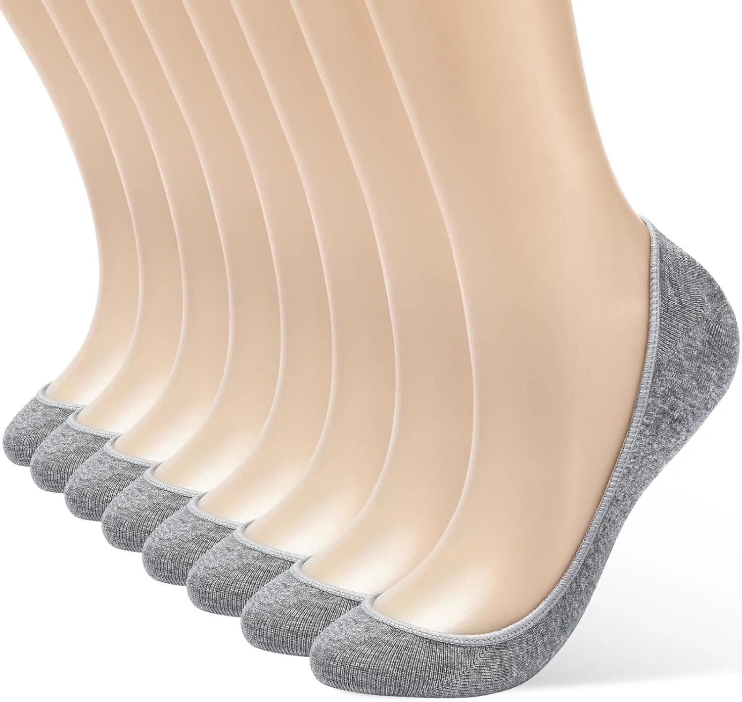 8 Pairs Women's No Show Socks - Ultra Low Cut, Non-Slip Silicone Grip, Invisible Liner for Flats and Boat Shoes, US Sizes 9-11, Gray