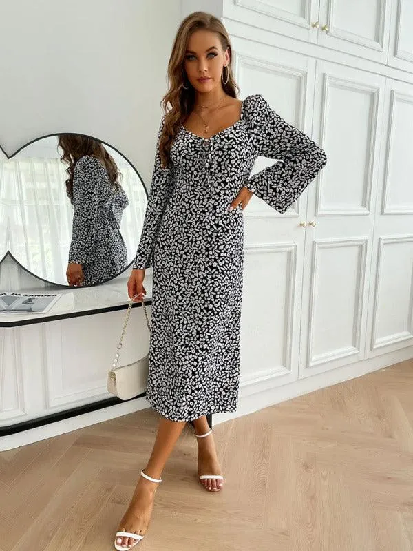 Backless Maxi Dress with Long Sleeves and Chic Print for Women