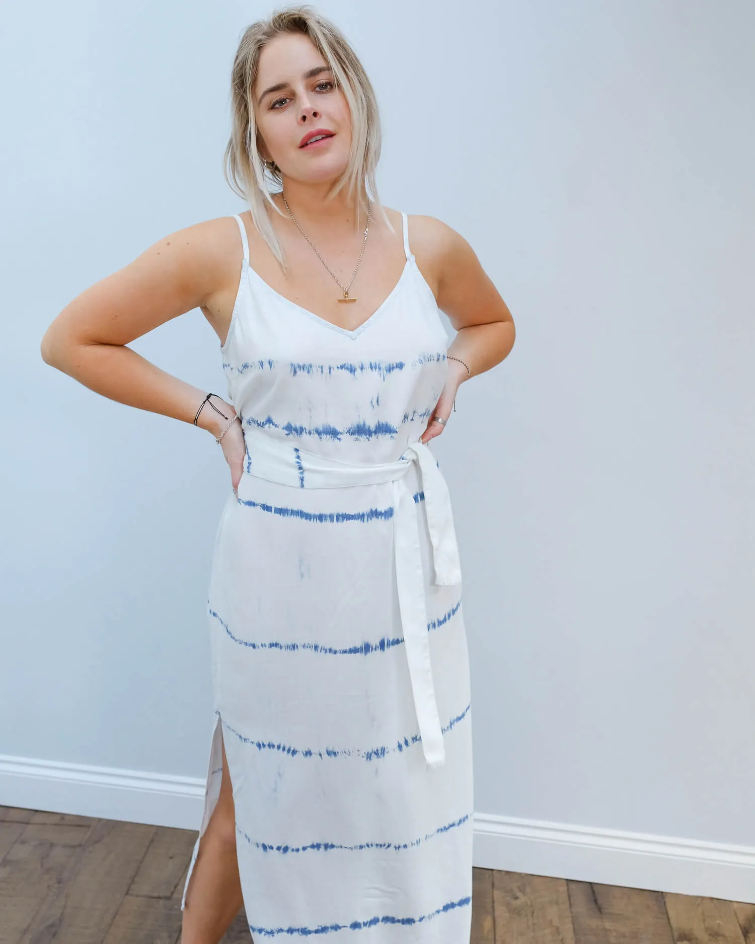 BD 6422 Smocked waist maxi dress in indigo white