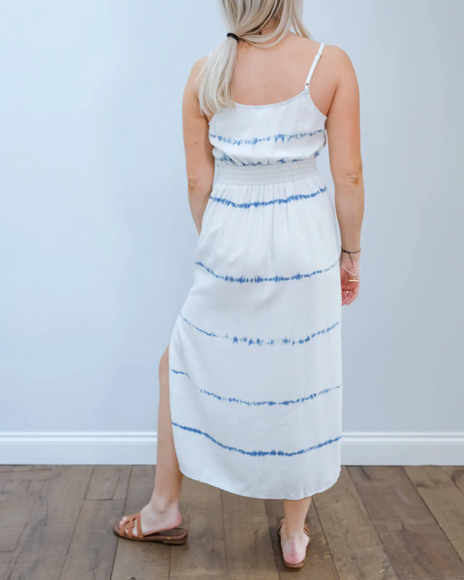 BD 6422 Smocked waist maxi dress in indigo white