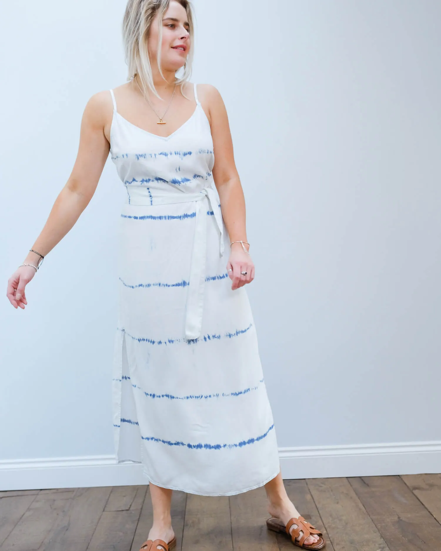 BD 6422 Smocked waist maxi dress in indigo white