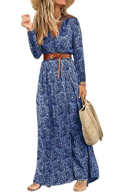 Bohemian Floral V-Neck Maxi Dress with Adjustable Belt