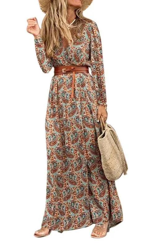Bohemian Floral V-Neck Maxi Dress with Adjustable Belt