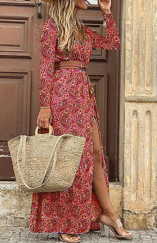 Bohemian Floral V-Neck Maxi Dress with Adjustable Belt