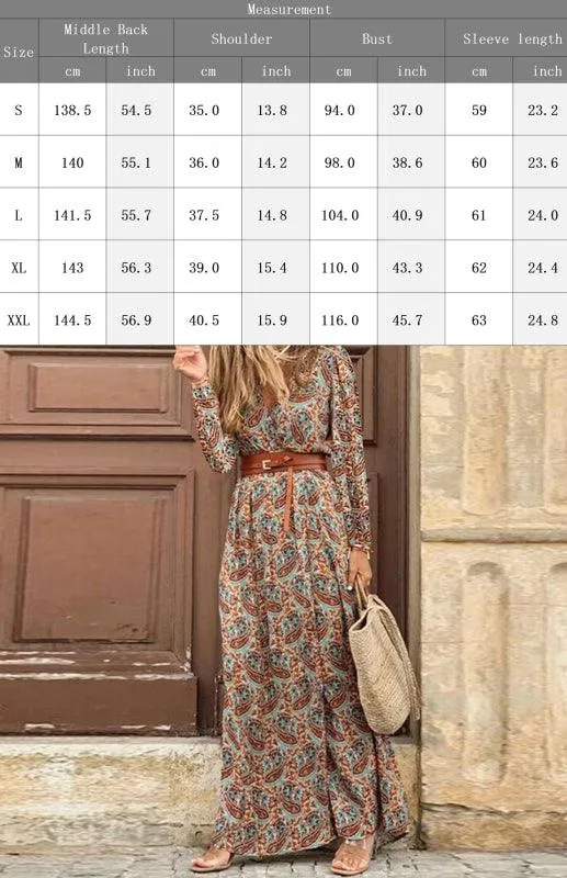Bohemian Floral V-Neck Maxi Dress with Adjustable Belt