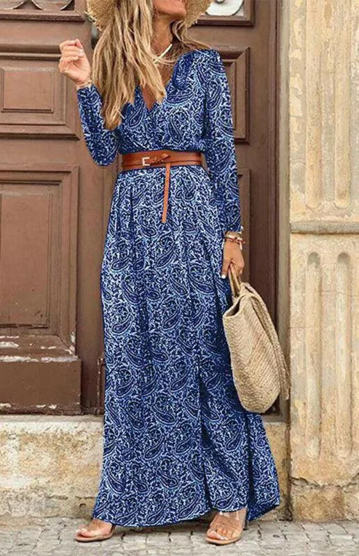 Bohemian Floral V-Neck Maxi Dress with Adjustable Belt