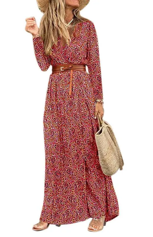 Bohemian Floral V-Neck Maxi Dress with Adjustable Belt