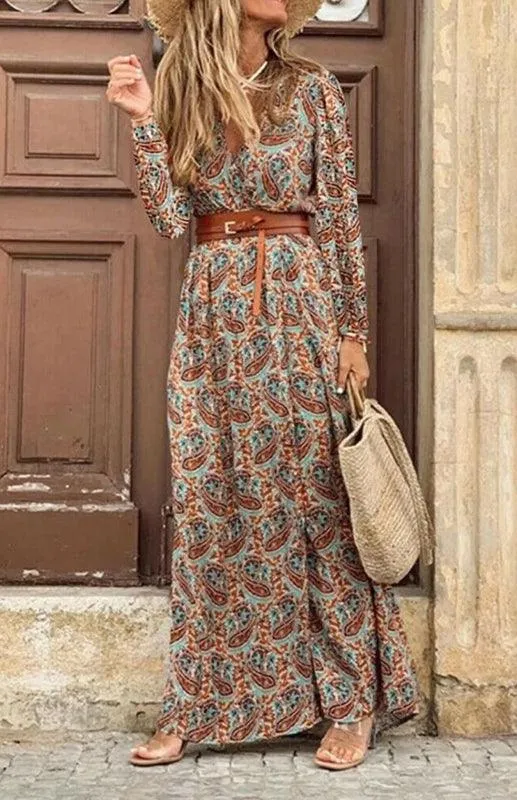 Bohemian Floral V-Neck Maxi Dress with Adjustable Belt