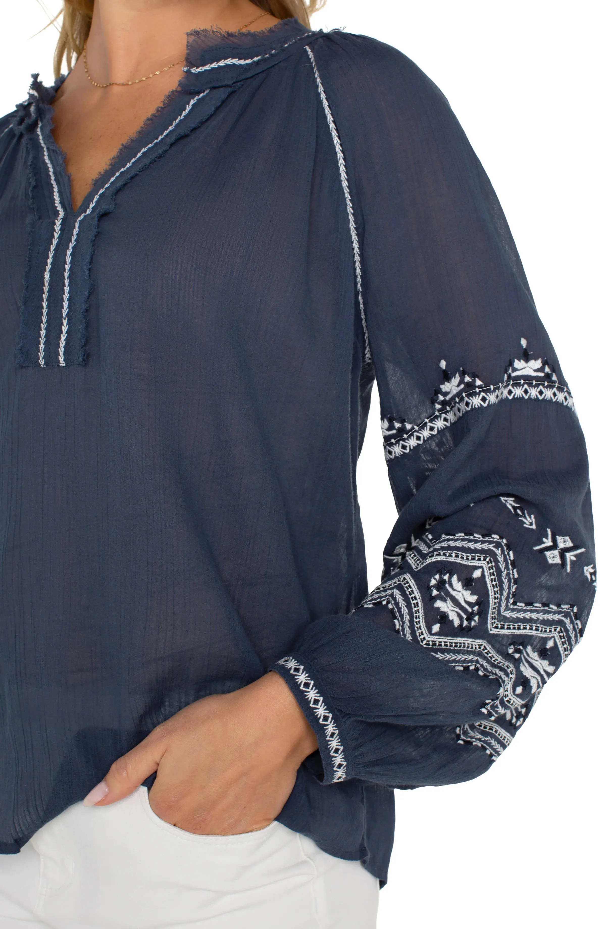 Embroidered Raglan Woven Blouse | Liverpool