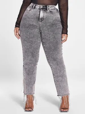 Fashion To Figure - High Rise Rhinestone Fringe Detail Straight Leg Jeans