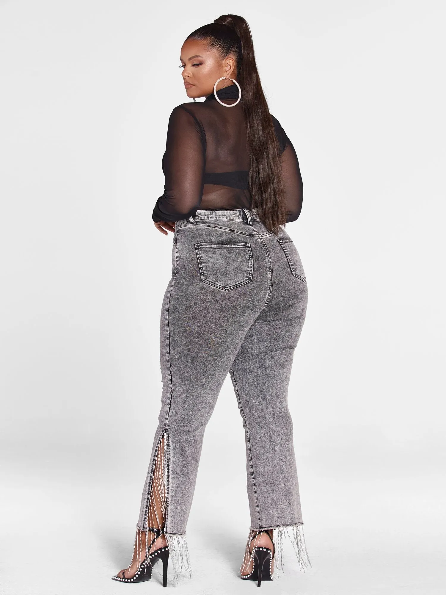 Fashion To Figure - High Rise Rhinestone Fringe Detail Straight Leg Jeans