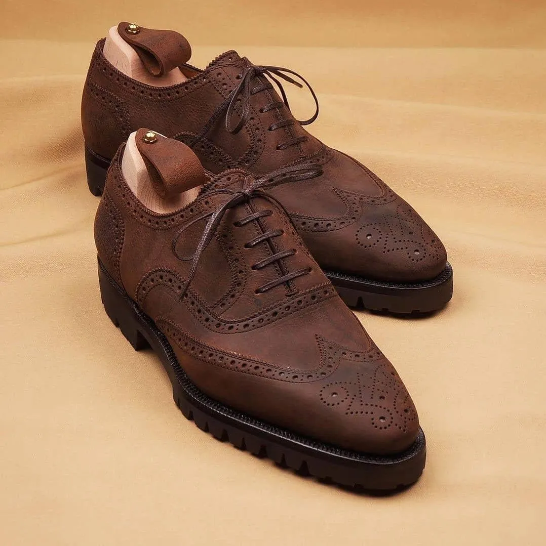 Height Increasing Brown Leather Rene Brogue Chunky Oxfords Shoes WORK EDITION