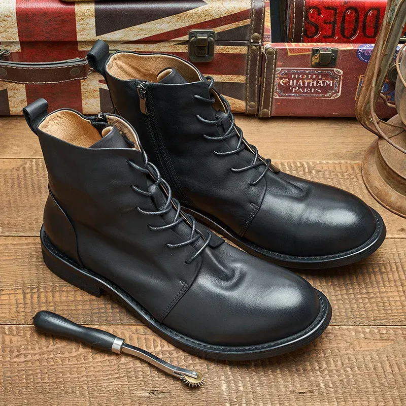 Men's Casual Vegan Leather Boots with Zipper and Lace Up | Perfect for All Seasons