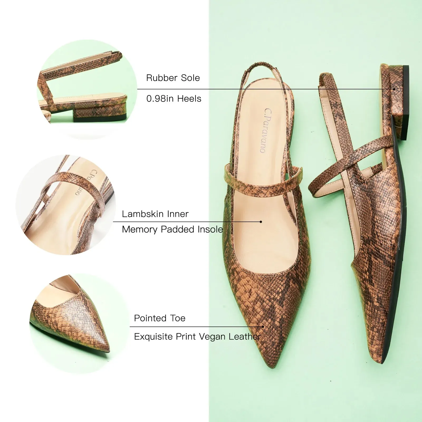 Pointed Toe Snakeskin Slingback Flats (Freya)