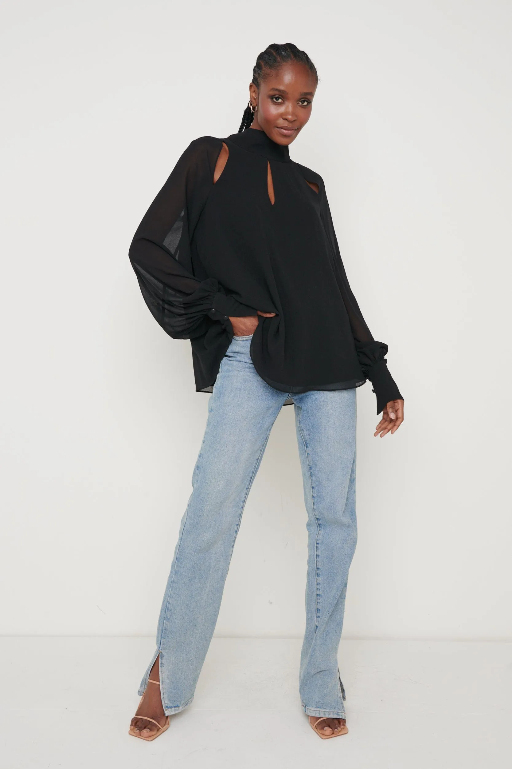 Romy Cut Out High Neck Blouse - Black