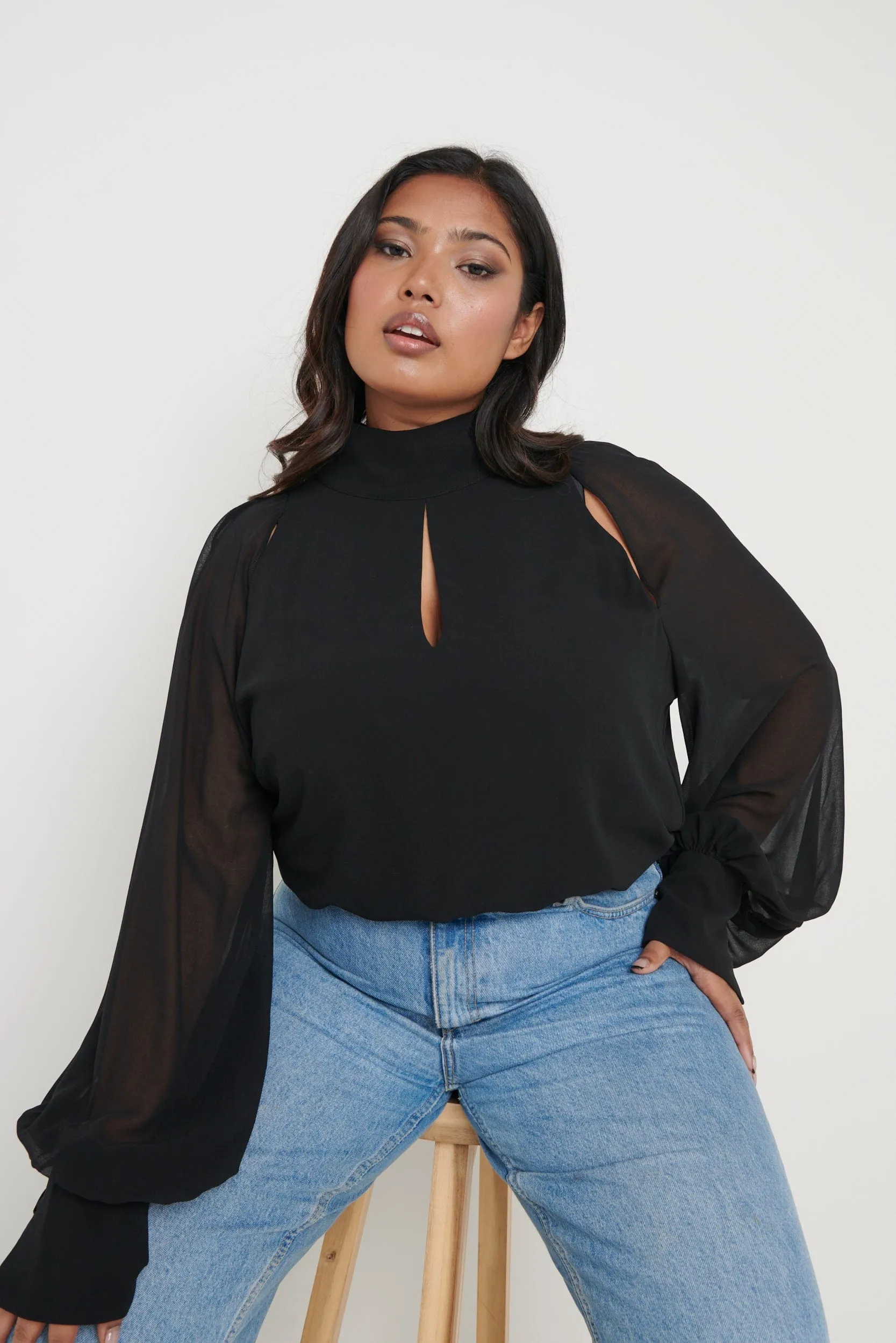 Romy Cut Out High Neck Blouse - Black