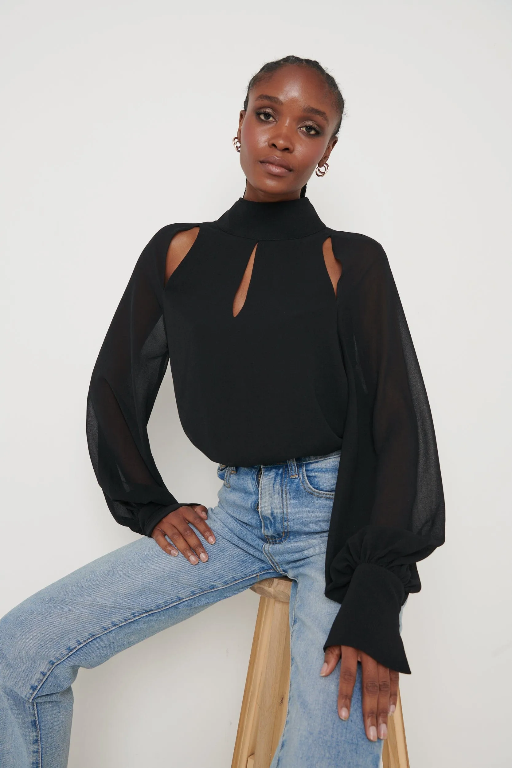 Romy Cut Out High Neck Blouse - Black