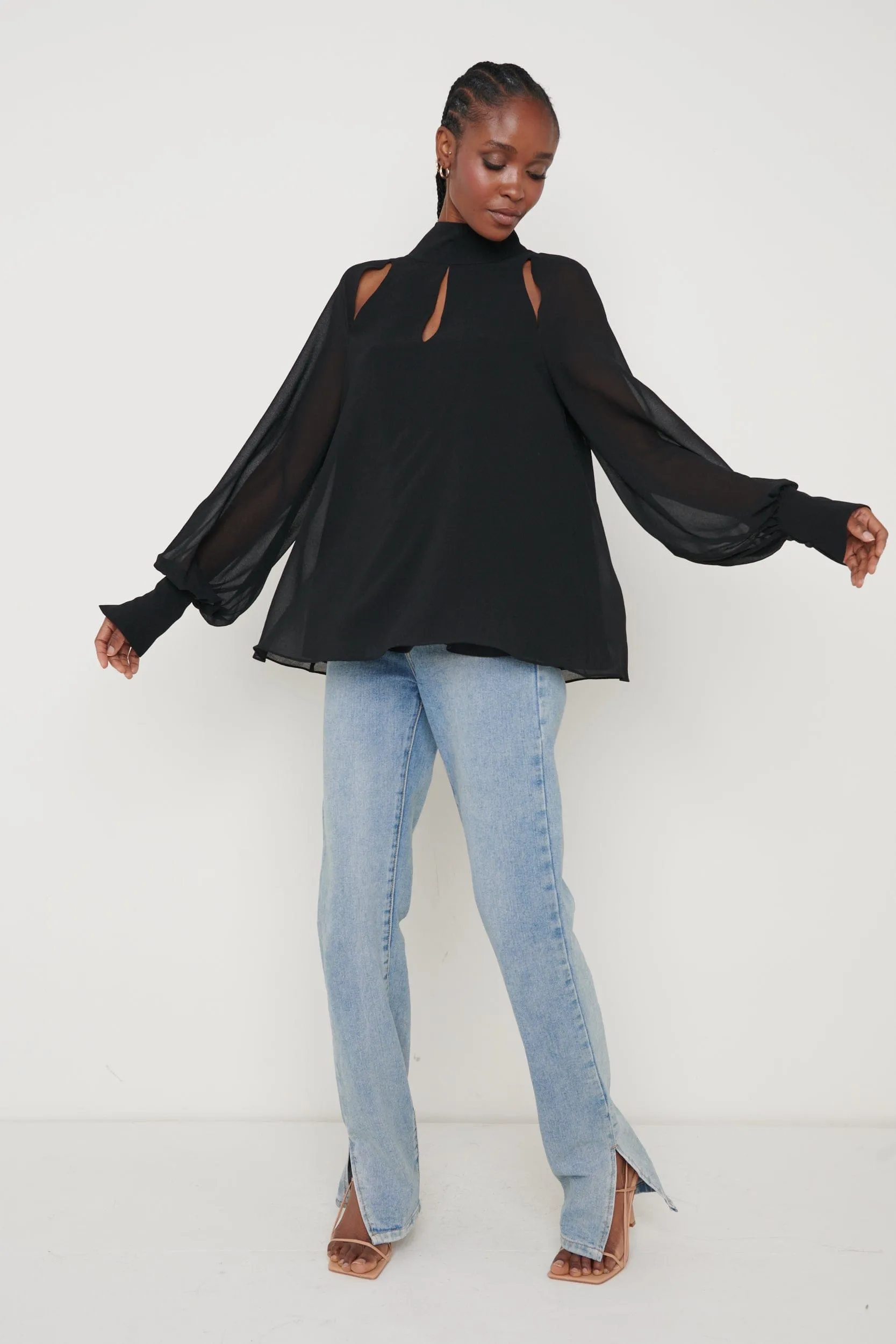 Romy Cut Out High Neck Blouse - Black