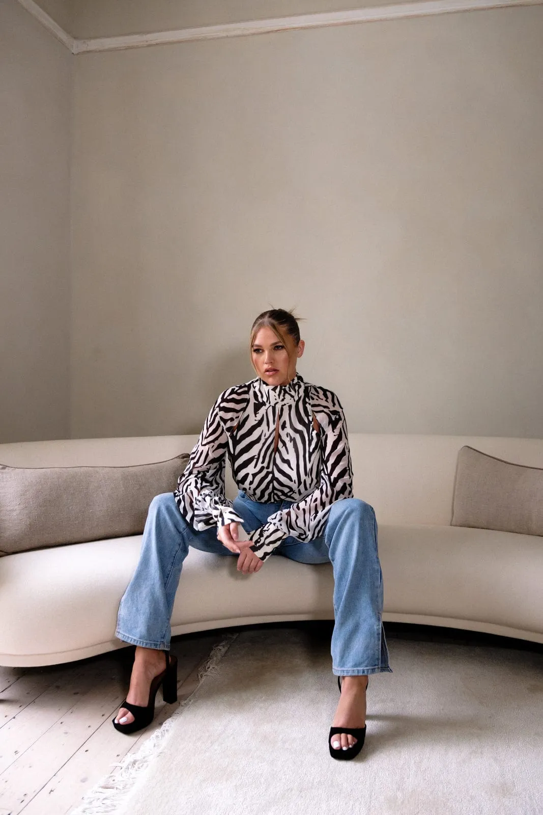 Romy Cut Out High Neck Printed Blouse - Zebra Abstract