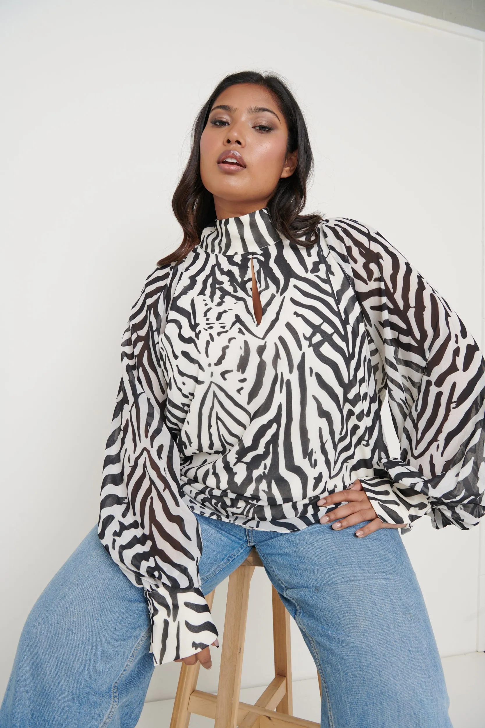 Romy Cut Out High Neck Printed Blouse - Zebra Abstract