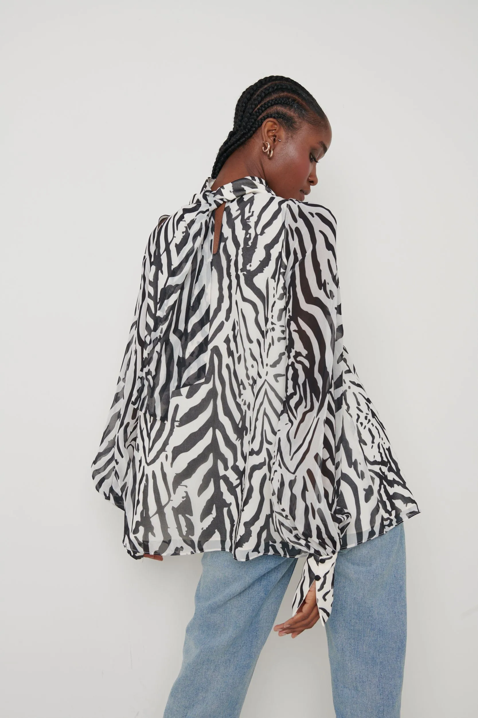 Romy Cut Out High Neck Printed Blouse - Zebra Abstract