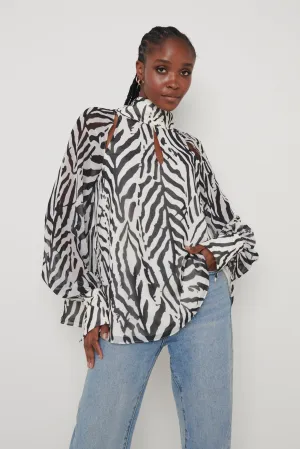 Romy Cut Out High Neck Printed Blouse - Zebra Abstract