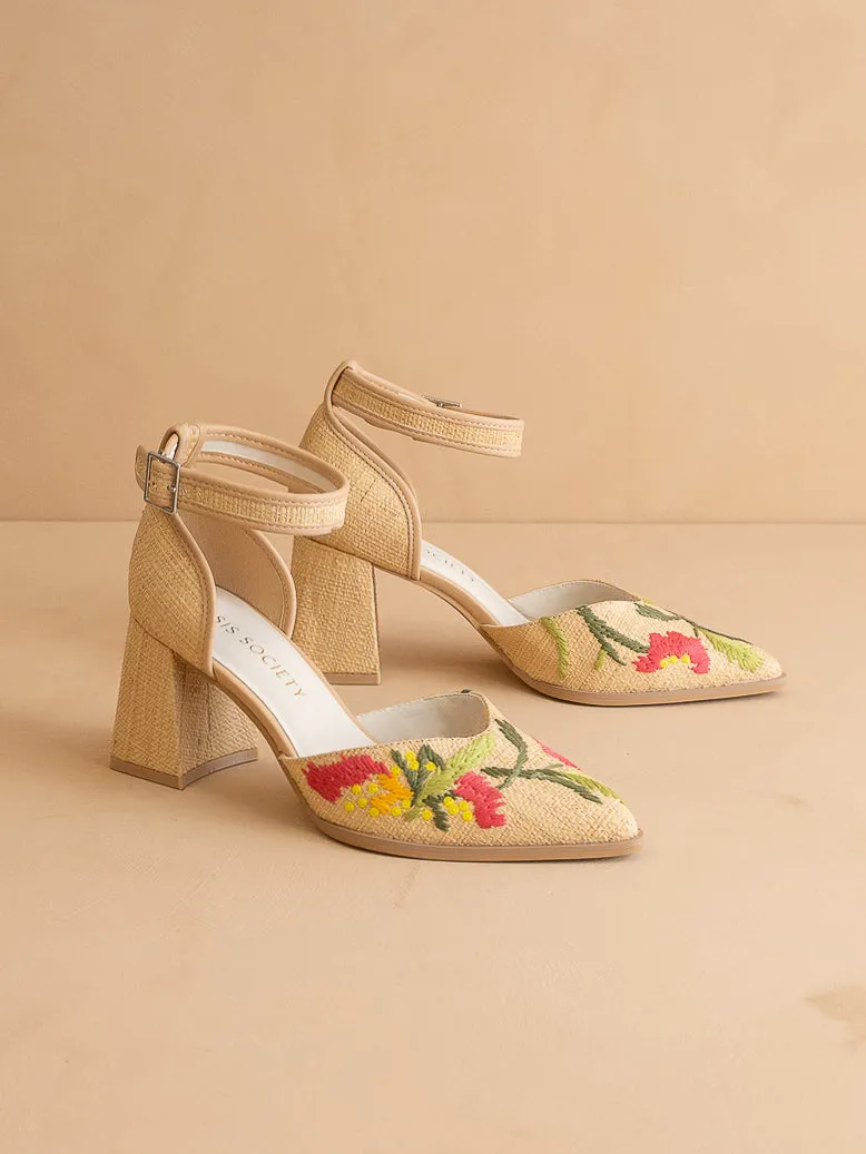 The Monet | Wheat Embroidered Raffia Block Heel