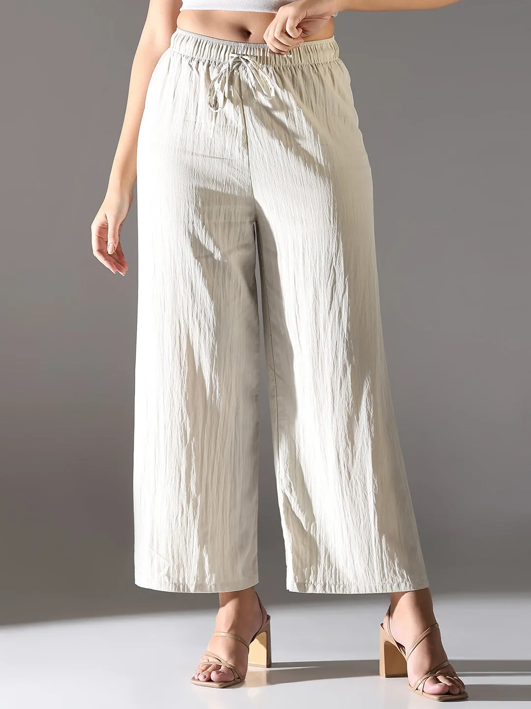 Women Cream Comfort Straight Fit Trousers