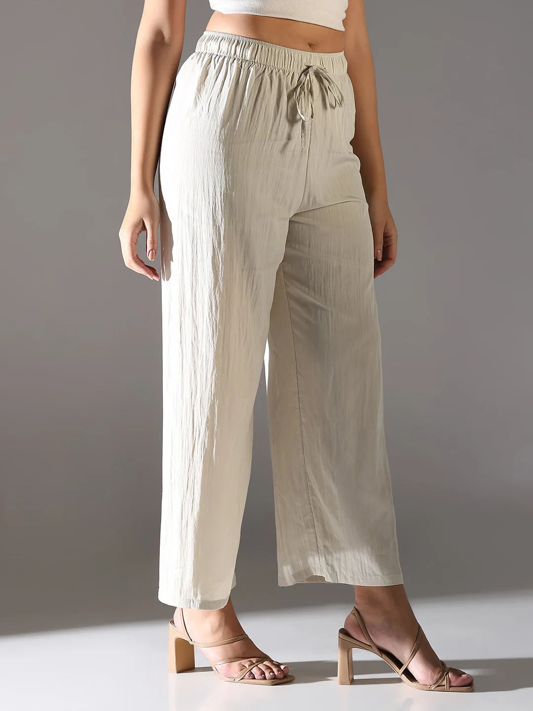 Women Cream Comfort Straight Fit Trousers