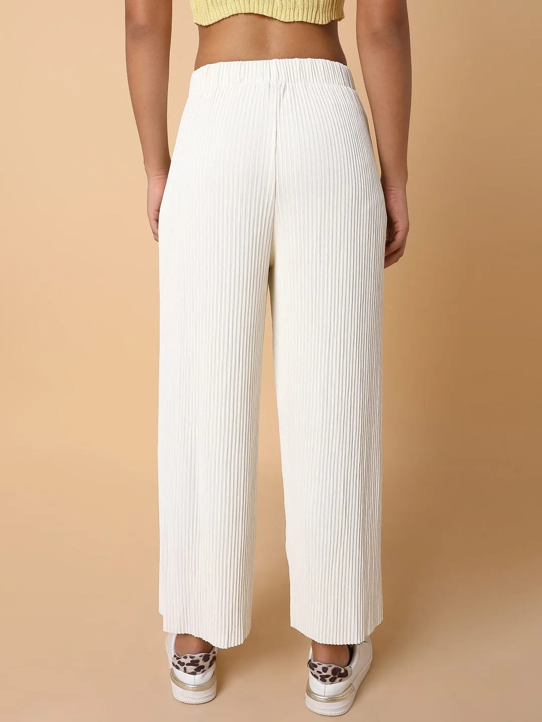 Women Cream Solid Comfort Slim Fit Flat Front Trousers