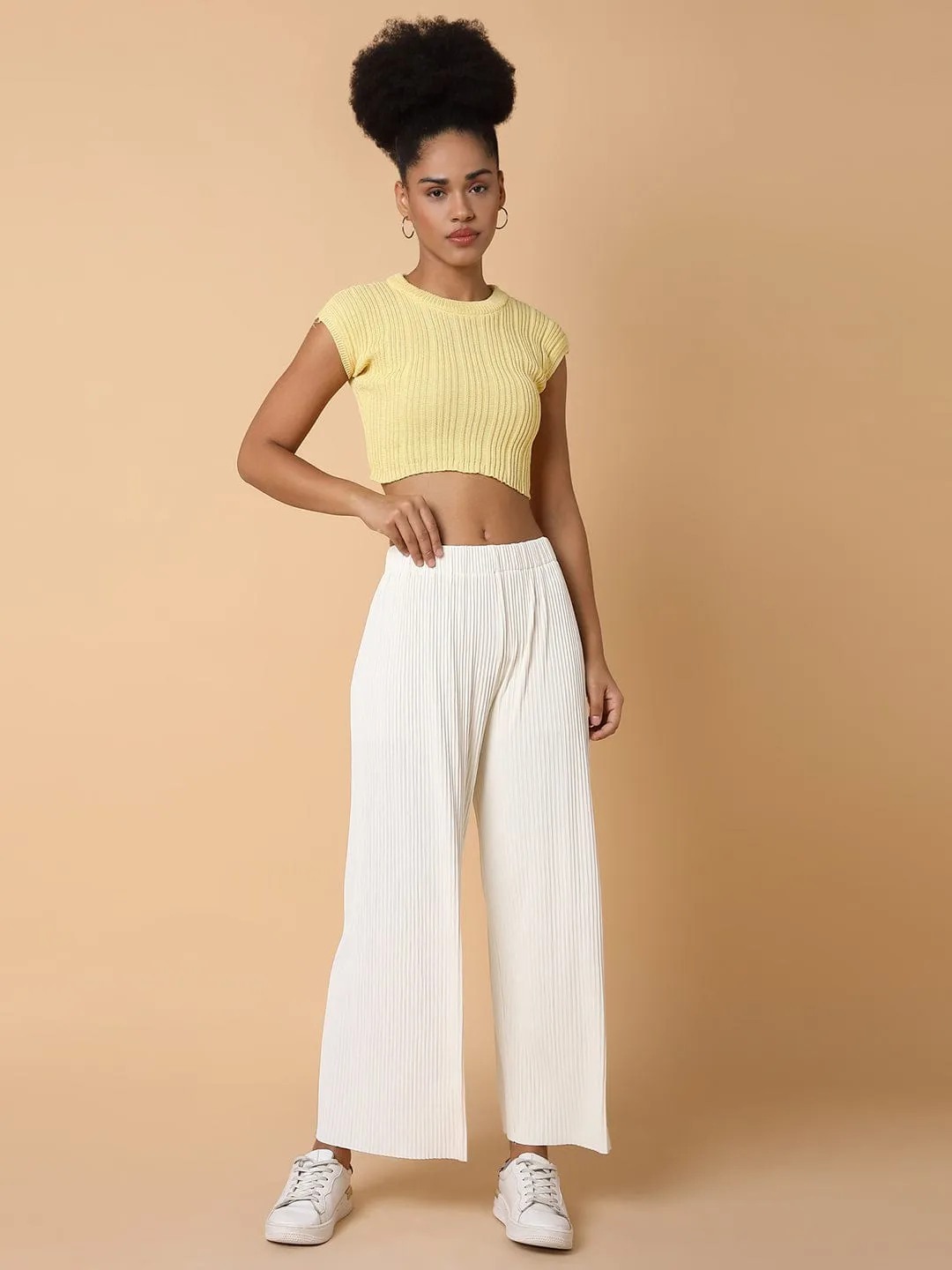 Women Cream Solid Comfort Slim Fit Flat Front Trousers