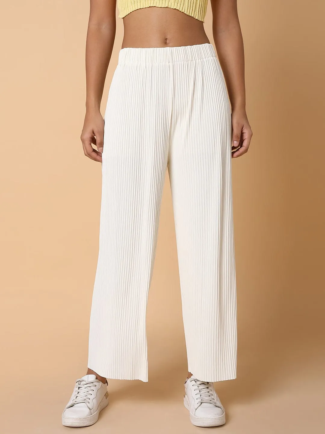 Women Cream Solid Comfort Slim Fit Flat Front Trousers