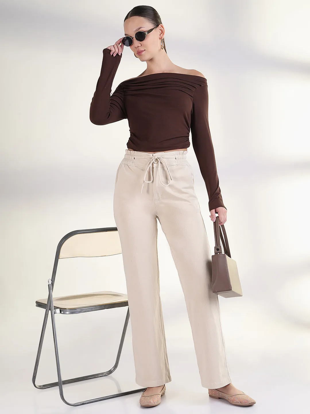 Women Cream Solid Straight Fit Parallel Trousers