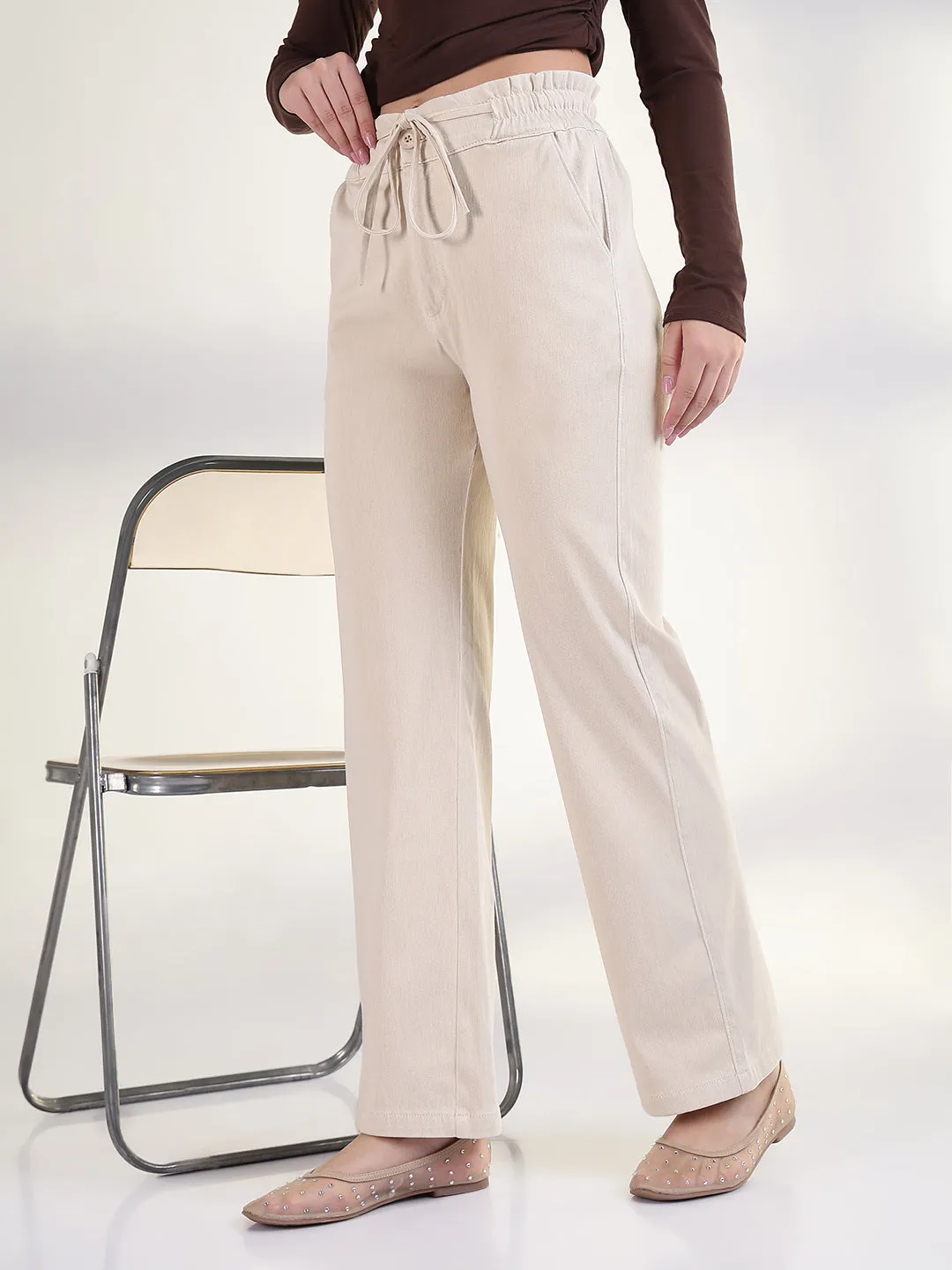 Women Cream Solid Straight Fit Parallel Trousers