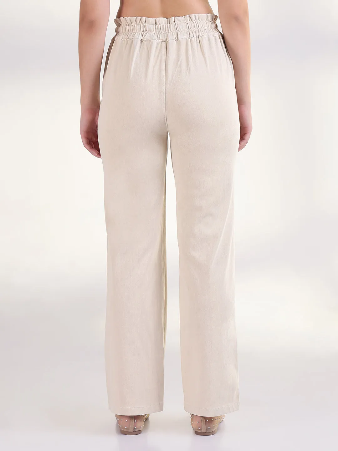 Women Cream Solid Straight Fit Parallel Trousers