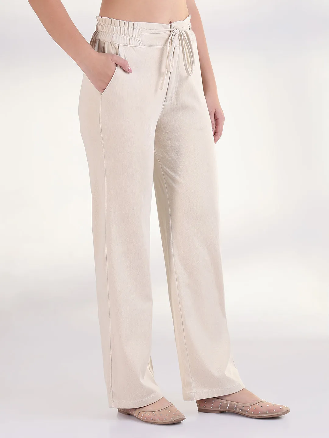 Women Cream Solid Straight Fit Parallel Trousers