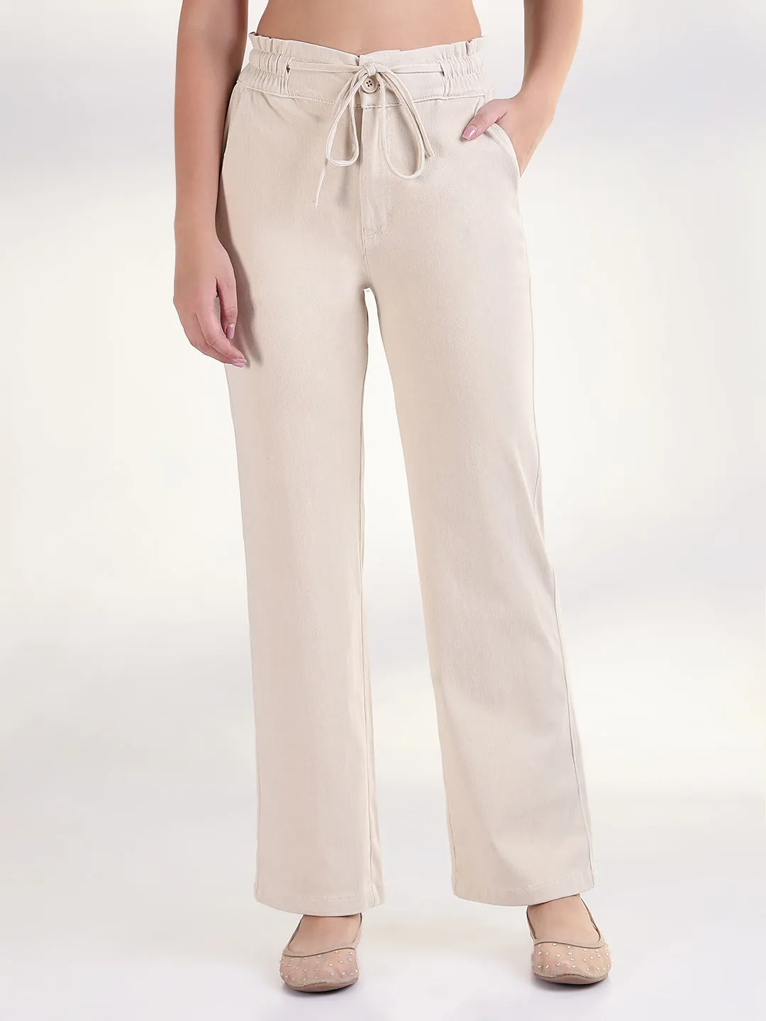 Women Cream Solid Straight Fit Parallel Trousers