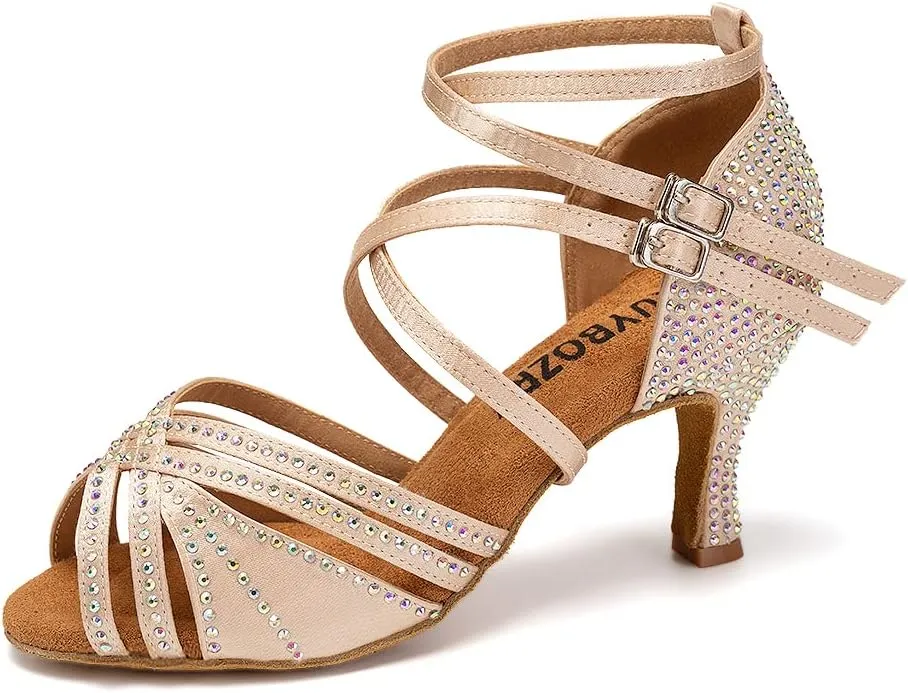Women's Latin Dance Shoes Open Toe Rhinestones Salsa Bachata Performance Ballroom Dancing Shoes,Model YC-D27-Suede Sole-3 Heel