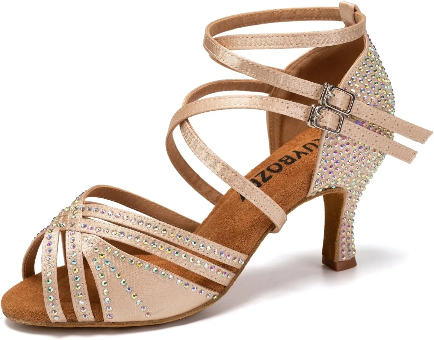Women's Latin Dance Shoes Open Toe Rhinestones Salsa Bachata Performance Ballroom Dancing Shoes,Model YC-D27-Suede Sole-3 Heel