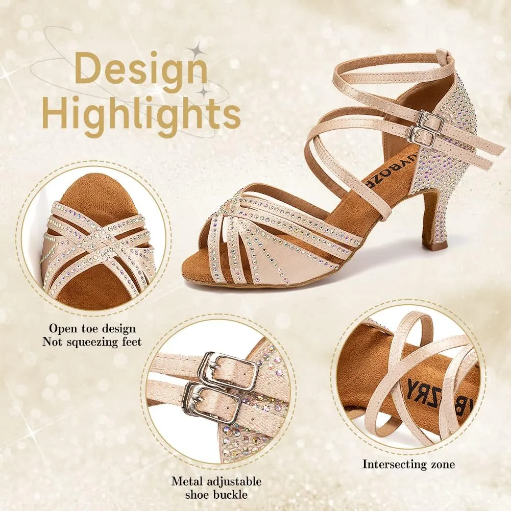 Women's Latin Dance Shoes Open Toe Rhinestones Salsa Bachata Performance Ballroom Dancing Shoes,Model YC-D27-Suede Sole-3 Heel