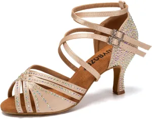 Women's Latin Dance Shoes Open Toe Rhinestones Salsa Bachata Performance Ballroom Dancing Shoes,Model YC-D27-Suede Sole-3 Heel