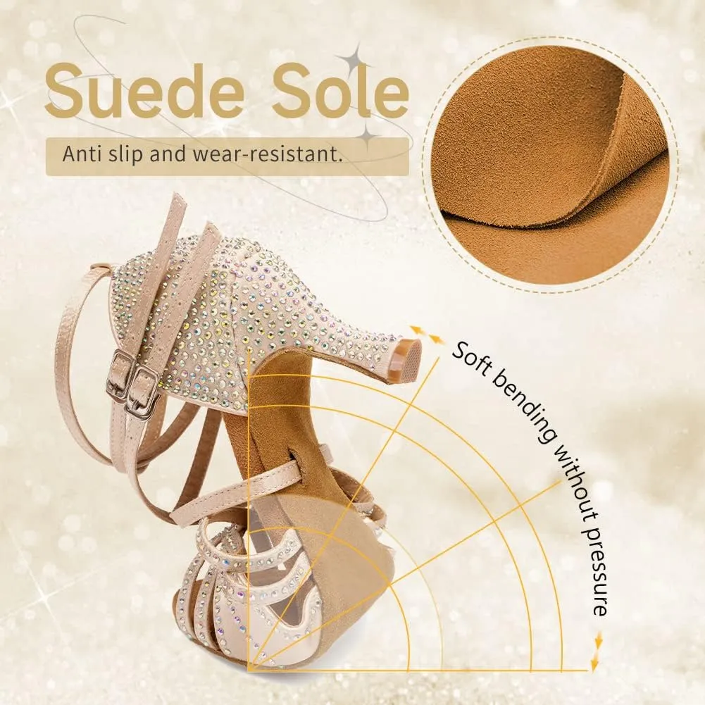 Women's Latin Dance Shoes Open Toe Rhinestones Salsa Bachata Performance Ballroom Dancing Shoes,Model YC-D27-Suede Sole-3 Heel