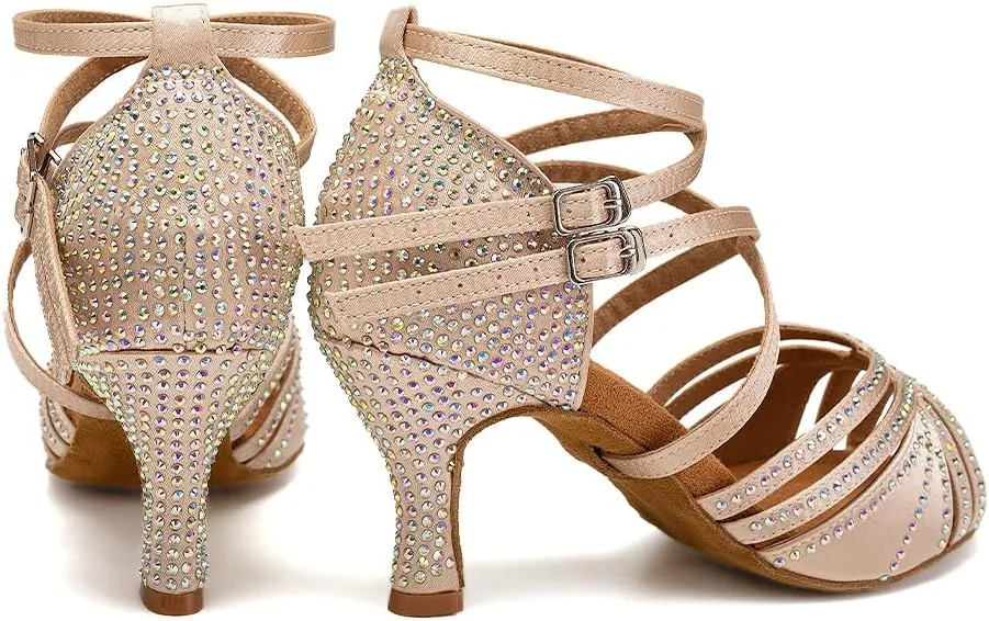 Women's Latin Dance Shoes Open Toe Rhinestones Salsa Bachata Performance Ballroom Dancing Shoes,Model YC-D27-Suede Sole-3 Heel